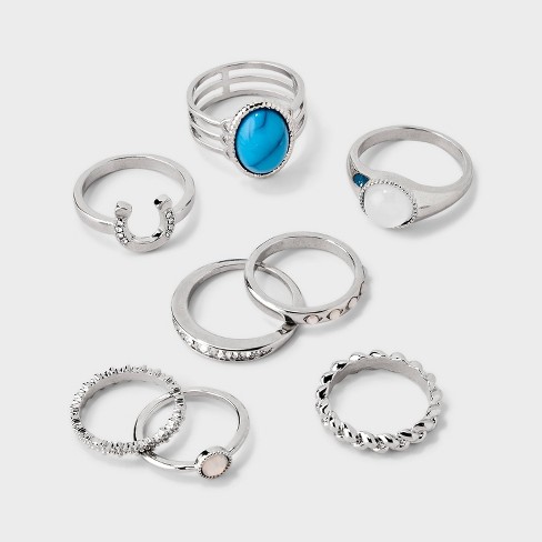 Rhinestone and Turquoise Band Ring Set 8pc - Wild Fable™ Silver
