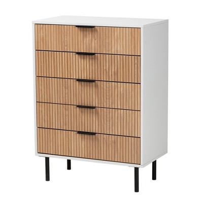Karima Mid-Century Modern White and Natural Brown Wood Chest of Drawers