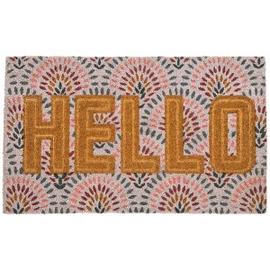 Northlight Brown and Pink "Hello" Floral Coir Outdoor Doormat 18" x 30" - 1 of 4