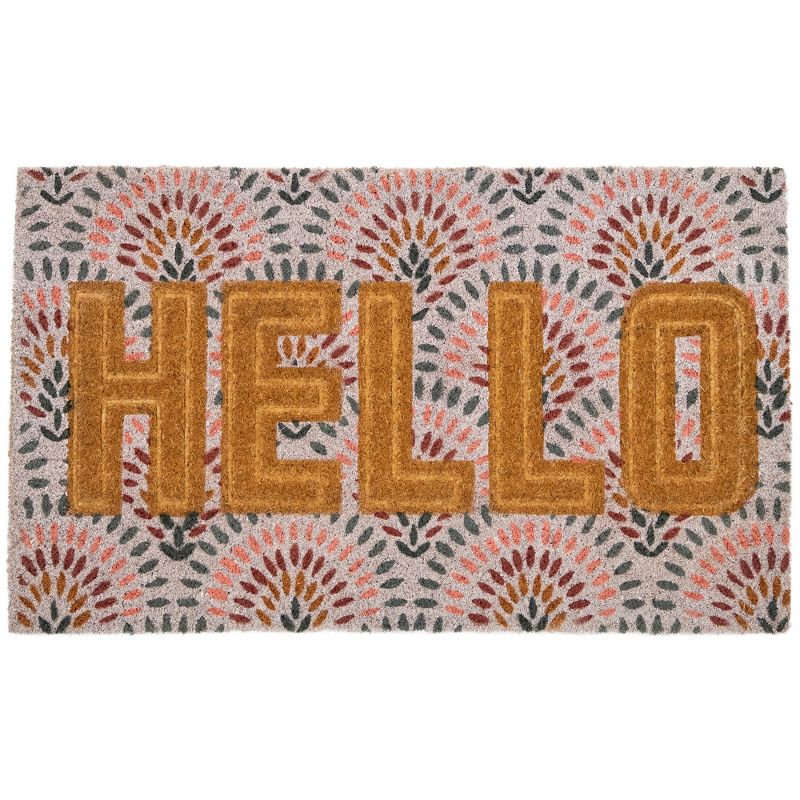 Northlight Brown and Pink "Hello" Floral Coir Outdoor Doormat 18" x 30", 1 of 7