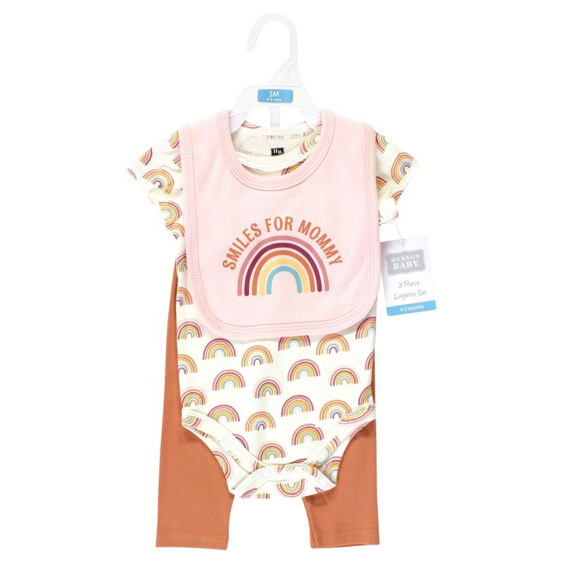 Hudson Baby Infant Girl Cotton Bodysuit, Pant and Bib Set, Sunshine Rainbows, 2 of 6