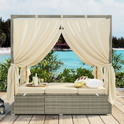 Adjustable Outdoor Sun Bed with Canopy, PE Rattan Frame, Comfortable Cushions, Freely Reclining, Weather-Resistant-Coolbibila