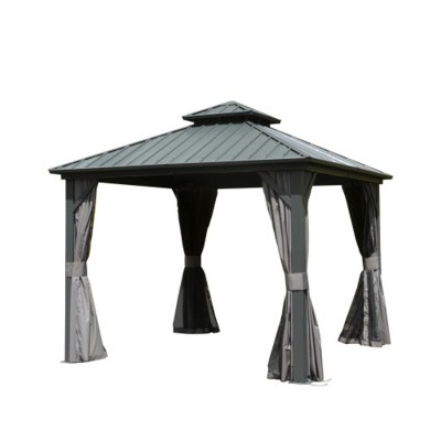 10X14 FT Outdoor Aluminum Patio Gazebo,Gazebo With Double Roof Canopy And Curtains,Galvanized Steel Hardtop Permanent Gazebo-Coolbibila