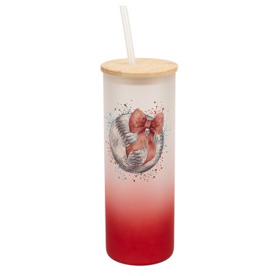 Elanze Designs 25 Ounce Frosted Glass Gradient Travel Tumbler With Straw and Wooden Lid, Baseball With Pink Bow