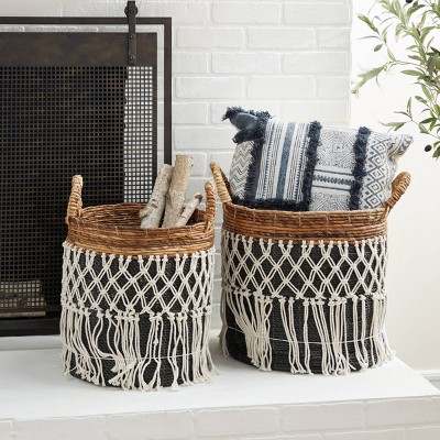 Set of 2 Black and Brown Wicker Bohemian Storage Baskets with Fringe