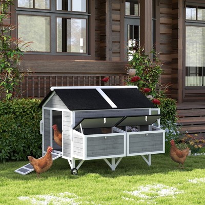 Gray and White Wooden Mobile Chicken Coop with Nesting Boxes