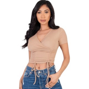 Slickblue Women's Ribbed Surplice Top, Ruched Drawstring Detail, Stretch Fit, 7 Color Options, Size S-L - 1 of 4