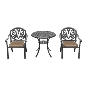 Gulches 3-Piece Cast Aluminum Patio Furniture Set Weather-Resistant Outdoor Dining Set with Brown Cushions, Carved Design - 1 of 4