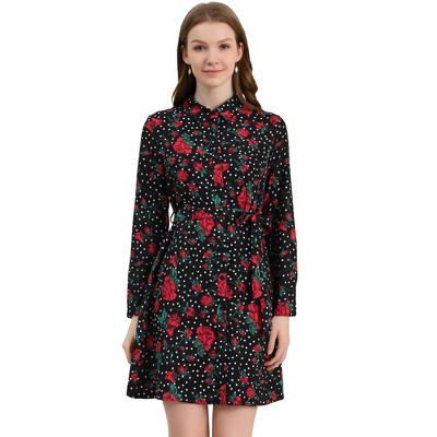 INSPIRE CHIC Women's Lapel Button Down Belted Mini Vintage Polka Dots Floral Shirt Dress
