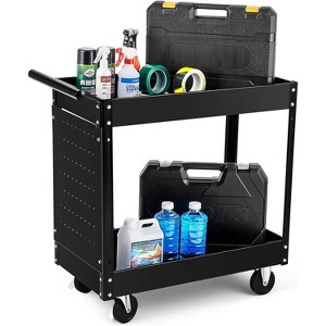 2-Tier Metal Utility Cart, Heavy Duty Steel, 330 lbs, Rolling Tool Organizer w/ Locking Wheels for Garage, Workshop, Warehouse, Black - 1 of 4