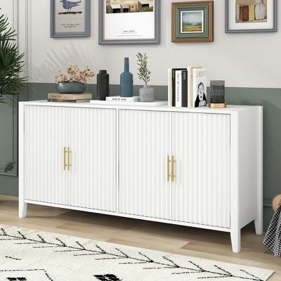63.1" MDF and Pine Wood 4-Vertical Wavy Slatted Doors Sideboard with Metal Handles for Dining Room, Living Room, Kitchen, or Entryway