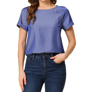 Allegra K Women's Round Neck Raglan Sleeves Side Slit Chambray Top - 1 of 4