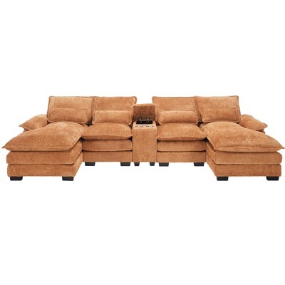 NicBex Modern U-shaped Sofa with Console,Cupholders and USB Ports,Sleeper Couch Set with Chaise for Living Room,Apartment,Orange