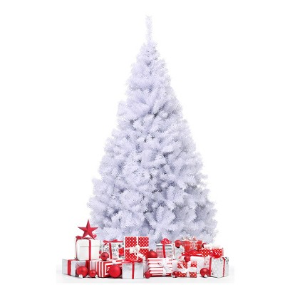 Tangkula 7.5ft White Christmas Pine Tree Hinged Artificial Decoration w/ 1346 Tips & Metal Stand