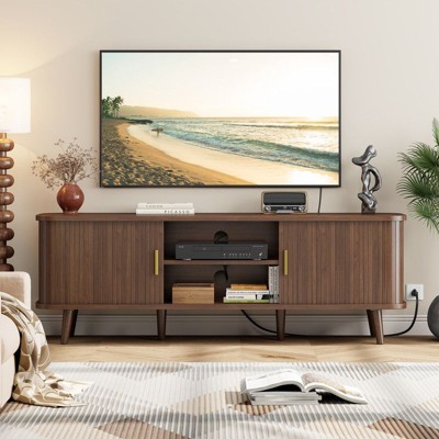 Gikpal 59" TV Stand, Fluted TV Stand for TVs up to 65", Entertainment Center with Storage Compartment and Sliding Doors, Power Outlet, Living room