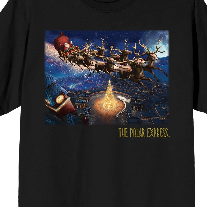 Polar Express Santa's Sleigh Above Christmas Tree Crew Neck Short Sleeve Men's Black T-shirt, 2 of 4