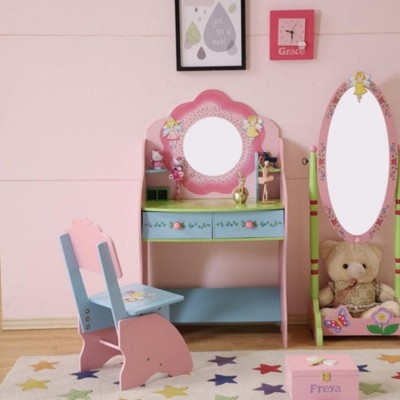 INFURNIC Decorative Bookshelf Fairy Themed Kids Vanity Set with Chair and Storage Drawers for Bedroom, Pink, 26.77"*15.35"*47.24"