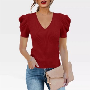 Women's Short Sleeve Knit Pullover Sweaters - Casual V Neck Ribbed Solid Soft Slim Fit Blouse Tops for Elegant Knitwear,Red - 2XL - 1 of 4