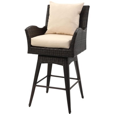 Hayes Brown Swivel Wicker Barstool with Beige Cushions