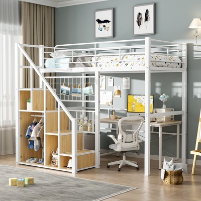 TIRAMISUBEST Twin Size Loft Bed with Storage Staircase and Small Wardrobe, Metal Loft Bedframe with Metal Grid and Guardrails