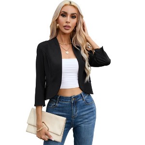 Clearlove Womens Cropped Blazer Casual Business 3/4 Sleeve Collarless Open Front Cardigan Work Jacket Shrug - 1 of 4