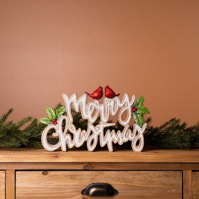 White and Gold Resin Merry Christmas Sign with Cardinals