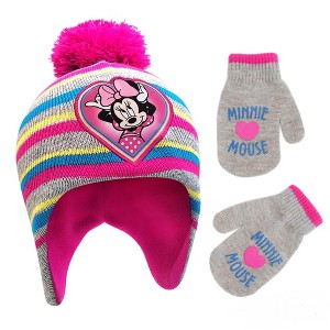 Minnie Mouse Winter Hat and Mittens Set, Kids Ages 2-4 (Pink/Grey) - 1 of 3