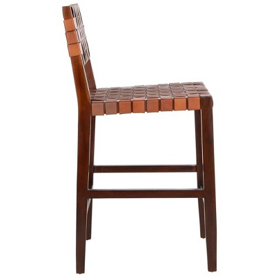 Cognac Woven Leather and Walnut Counter Stool