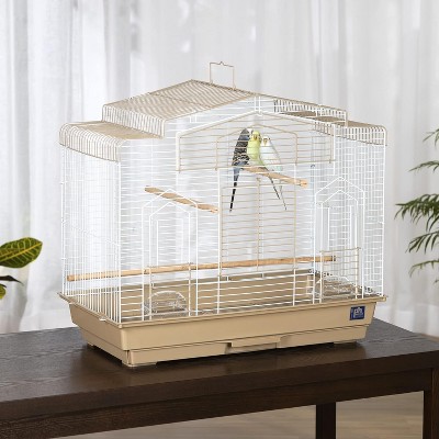 Barn Style Brown and White Bird Cage with Perch