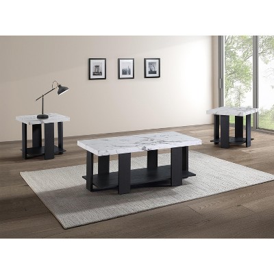 Gray 3-Piece Cocktail Set White Faux Marble Table Top Coffee Table and Two Matching End Tables Living Room Wooden Furniture White Black