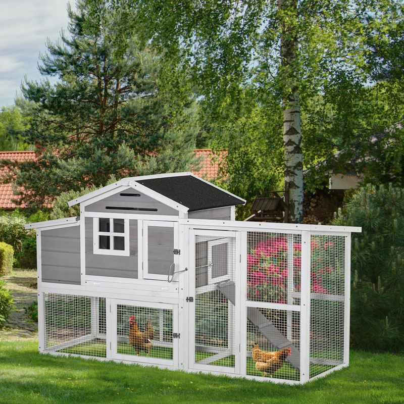 PawHut 76" Wooden Chicken Coop, Outdoor Chicken House Poultry Hen Cage with Outdoor Run, Nesting Box, Removable Tray and Lockable Doors, Gray, 3 of 7