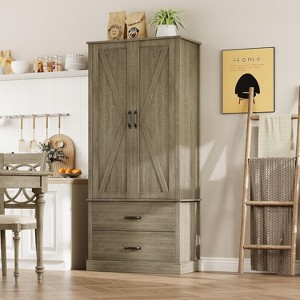 Grey Kitchen Pantry Cabinet with 2 Drawers, Farmhouse Tall Storage Cabinet, Wood Food Pantry with Barn Doors and Adjustable Shelves - 1 of 4