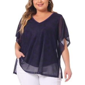 Agnes Orinda Women's Plus Size Short Sleeve V Neck Double Layers Mesh Blouses - 1 of 4