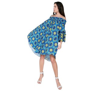 Slickblue Printed Off-Shoulder Midi Dress with Puffy Ruffle Sleeves, S-L, Feminine Summer Style, Sky Blue - 1 of 4