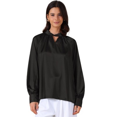 INSPIRE CHIC Women's Satin V Neck Keyhole Long Sleeves Elegant Blouse