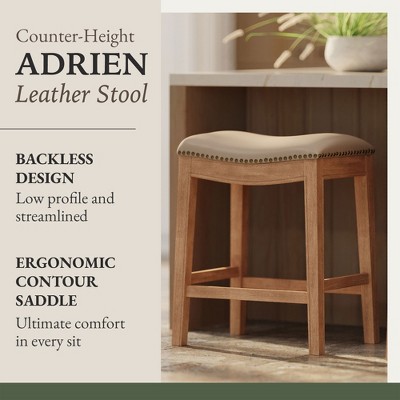 Weathered Oak Backless Saddle Bar Stools with Vegan Leather, Set of 2