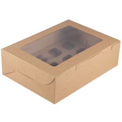 Juvale 12-Pack Kraft Paper Cupcake Carrier Box, Pastry Box Take Out Containers with 12-Inserts & Window, 14”x4”x10”, Brown