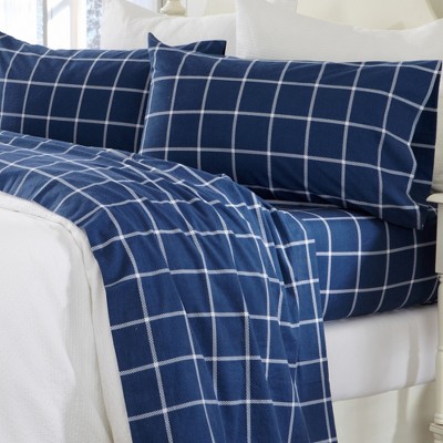 Great Bay Home Belle Cotton Flannel Printed 4-Piece Sheet Set  (Twin, Windowpane - Navy / White)