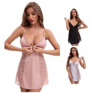 INSPIRE CHIC 3 Packs Women's Lace Mesh Deep V Spaghetti Strap Cami Chemise with Built-in Bra - 1 of 4
