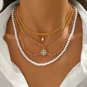 HTUTWOO Multi-Layered Necklace for Women, Pearl Necklace, Diamond Disc Thick Chain, Pearl Pendant Necklace, Stylish Jewelry Gifts - 1 of 4