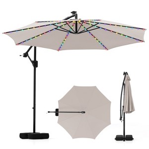 Costway 10 FT Solar Offset Hanging Umbrella with 96 Solar Multi-colored Flowing LED Lights Beige/Coffee/Gray/Navy/Red/Turquoise - 1 of 4