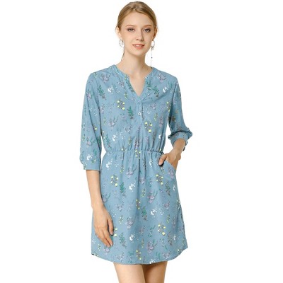 Allegra K Women's Button Front Floral Print Split Neck 3/4 Sleeves Mini Dresses