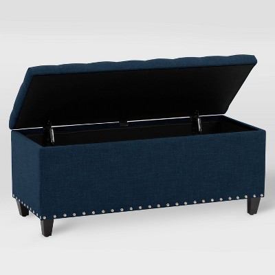 Navy Blue Tufted Fabric Storage Ottoman with Nailhead Trim