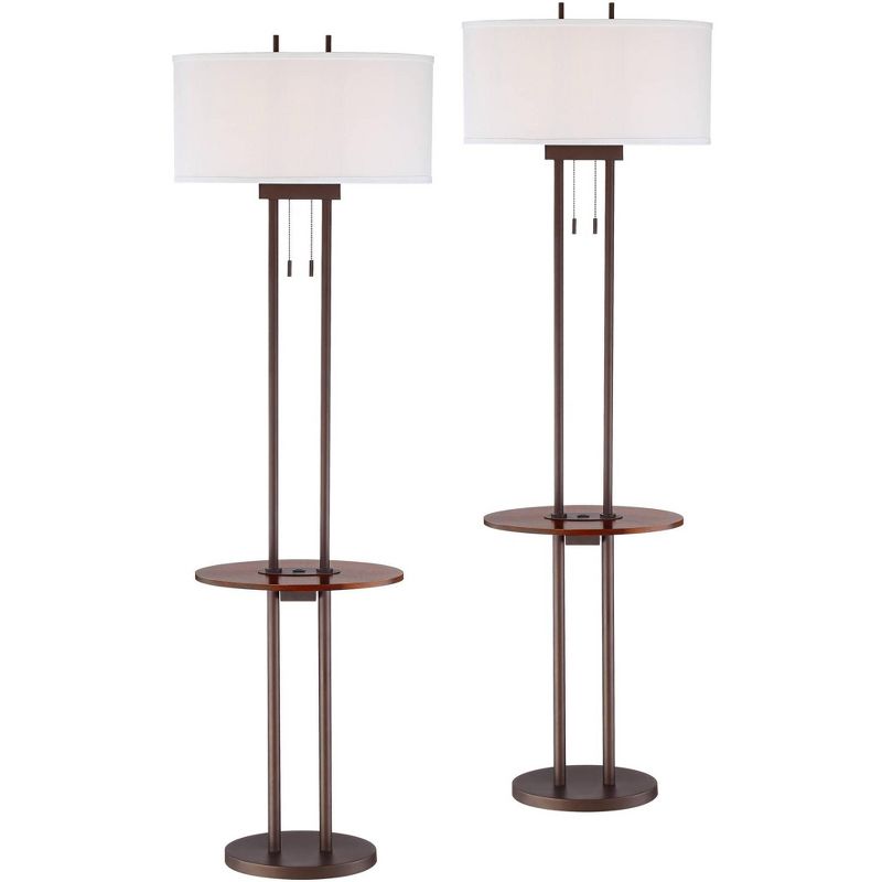 Franklin Iron Works Rustic Industrial Farmhouse Floor Lamps with Tray Table USB Port 62" Tall Set of 2 Bronze Walnut Linen Shade for Living Room, 1 of 8