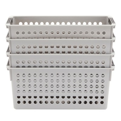 Gray Plastic Rectangular Storage Baskets with Handles, Set of 4