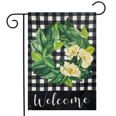 Magnolia Wreath Black and White Burlap Garden Flag 18" x 12.5"
