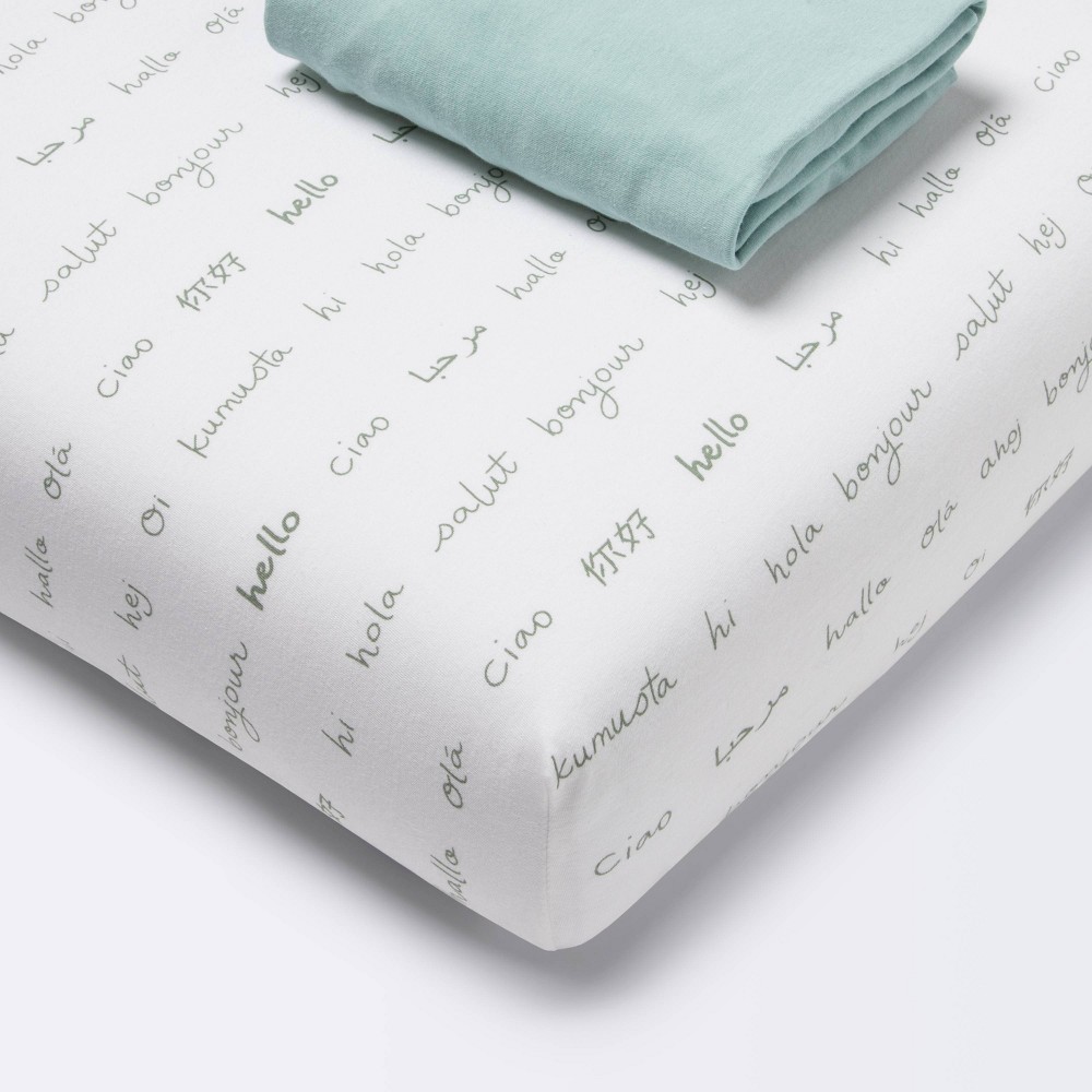 Photos - Bed Linen Fitted Play Yard Jersey Sheet - Cloud Island™ Hello and Solid Green - 2pk