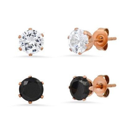 Steeltime Ladies 18k rose gold plated stainless steel white and black simulated diamonds stud earrings 2pc set