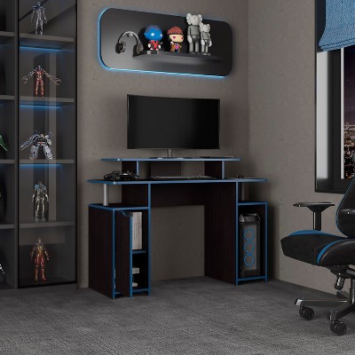 Vynxaria 47" Wide 2-Tier Gamer Desk Office Table with 3 Shelves PC Tower Stand Modern Black Finish Spacious Gaming Workstation