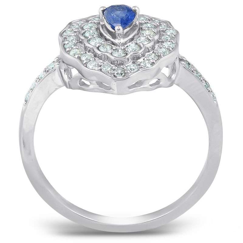Pompeii3 3/4 Ct Pear Shape Blue Sapphire & Diamond Halo Vintage Fashion Ring White Gold, 2 of 5